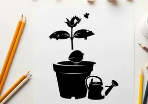 Silhouette of a potted plant with watering can