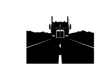 Silhouette of a semi truck driving on a deserted highway at night