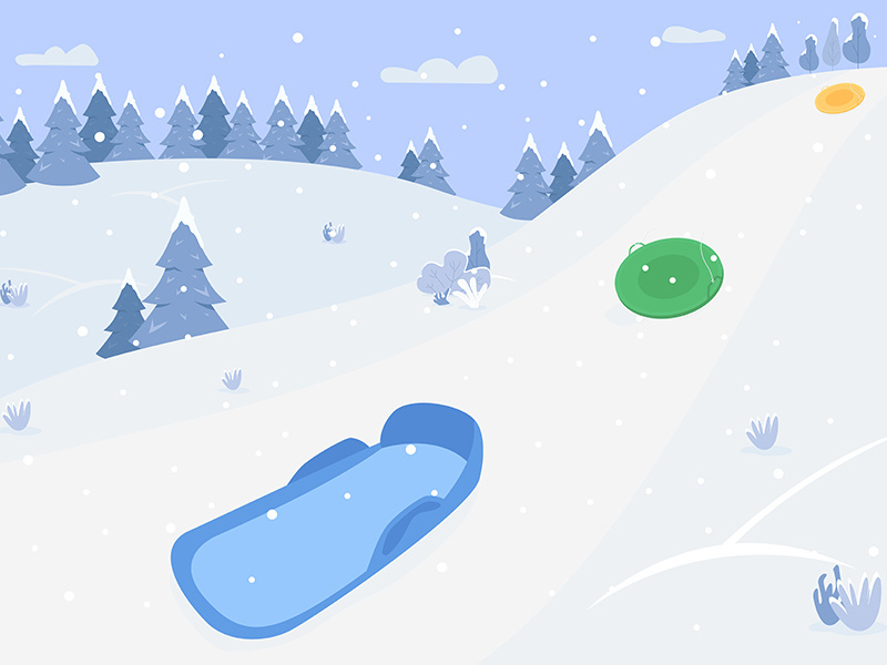 Snow hills with sleds semi flat vector illustration