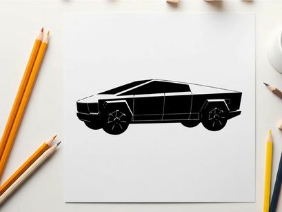 Silhouette of a futuristic electric pickup truck against a white background