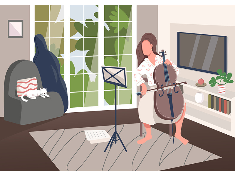 Cello player at home flat color vector illustration