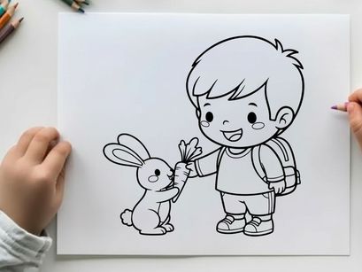 Boy holding bunny happy friendship vector illustration flat design