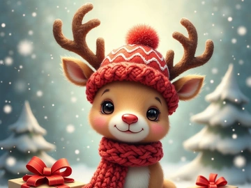 A cute reindeer with a knitted hat and scarf smiles warmly amidst presents in a snowy scene. preview picture