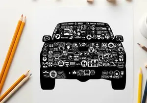 Silhouette of a car covered in numerous small stickers and decals silhouette