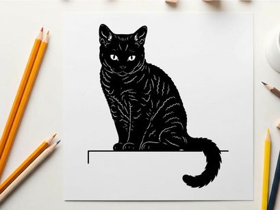 Silhouette of a black cat sitting on a ledge looking alert