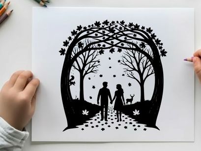 Romantic silhouette of couple holding hands in forest with deer and trees