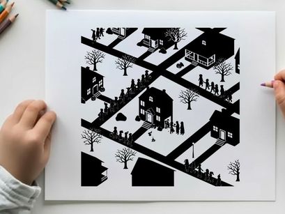 Silhouette of a snowy neighborhood scene with houses and people