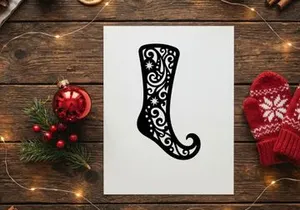 Black Christmas stocking silhouette with intricate floral filigree and star patterns.