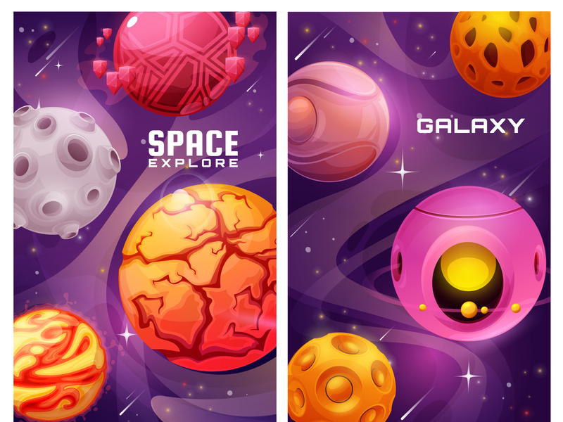 pace galaxy posters with cartoon fantasy planets