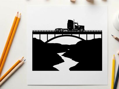 Truck crossing bridge in silhouette against white background