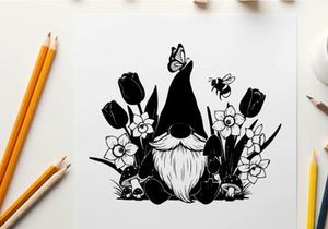 Silhouette of a gnome with flowers and insects