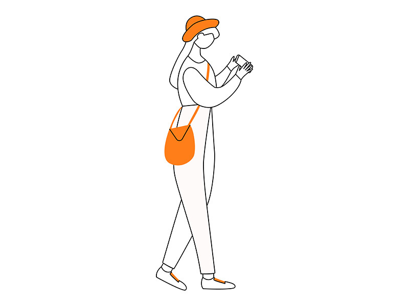 Walking teen girl with smartphone flat contour vector illustration