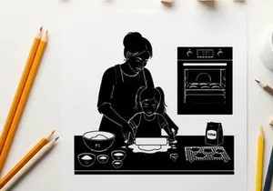Silhouette of woman and child baking together at home