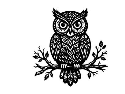 Ilustrasi burung hantu bergaya hitam putih dengan detail rumit