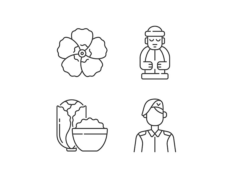 Korean nationals symbols linear icons set