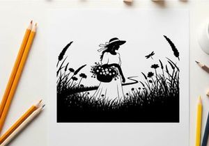 Silhouette of a woman in a field with flowers and a bird
