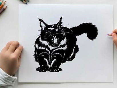 A silhouette of an aggressive black cat with mouth open and tail raised