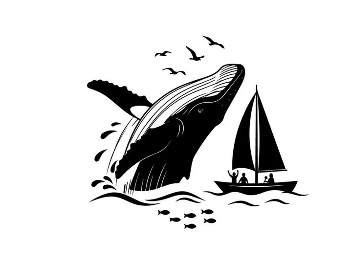 Whale silhouette jumping out of ocean beside sailboat silhouette