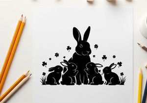 Silhouette of a large rabbit with three smaller bunnies