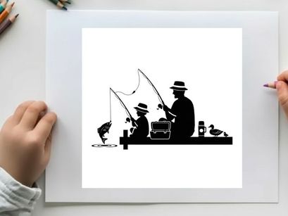 Silhouette of two men fishing on a boat with ducks