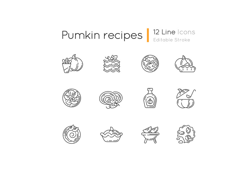 Pumpkin recipes linear icons set