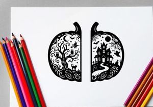 Intricate black and white paper cutout of a whimsical forest scene with a haunted house and moon