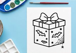 Halloween gift box with bats and spider web. Spooky holiday present icon for coloring page.