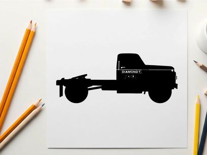 Silhouette of a pickup truck with a flatbed and red logo