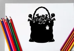 Silhouette of Halloween Basket with Flowers and Ghost