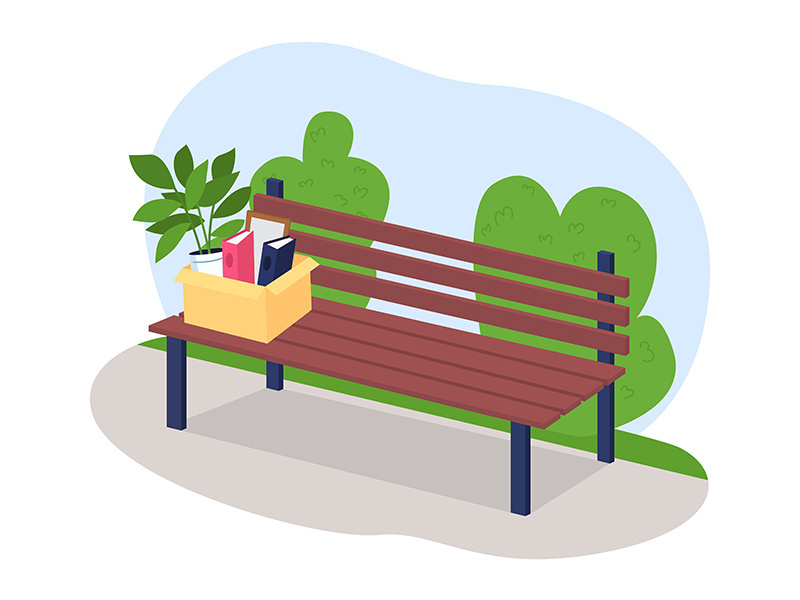 Box of fired employee in park bench 2D vector web banner, poster