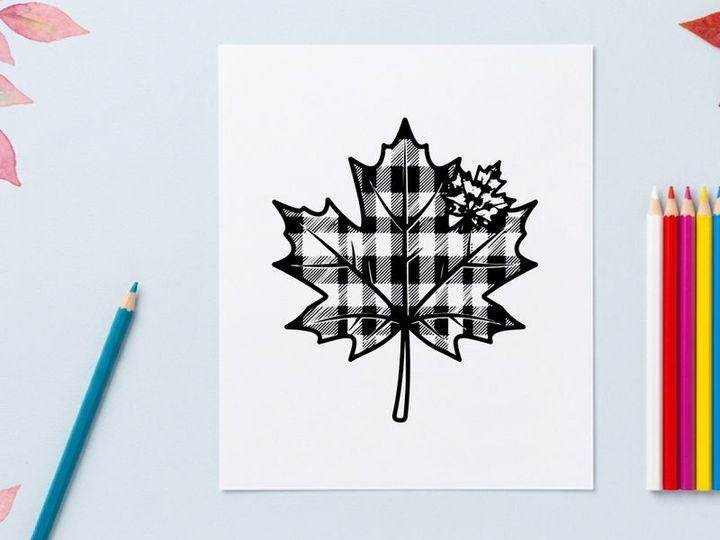 Decorative maple leaf with plaid pattern for seasonal design. Autumn-inspired graphic with rustic charm.