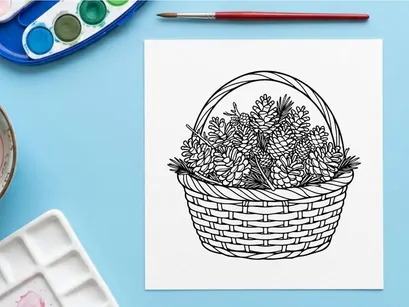 Hand Drawn Illustration of a Wicker Basket Filled with Pine Cones