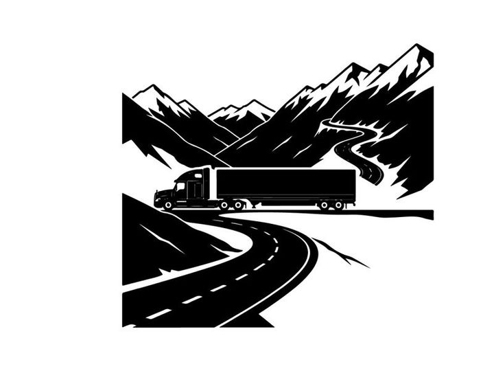 Truck driving through mountains silhouette on a winding road