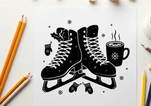 Silhouette of ice skates and hot chocolate in winter silhouette