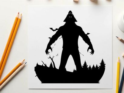 Silhouette of a werewolf in a forest at night