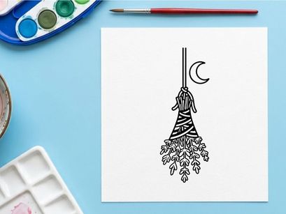 Hand-drawn Halloween witch broomstick decoration hanging. Spooky black and white illustration of a flying besom for festive crafts and party decor.
