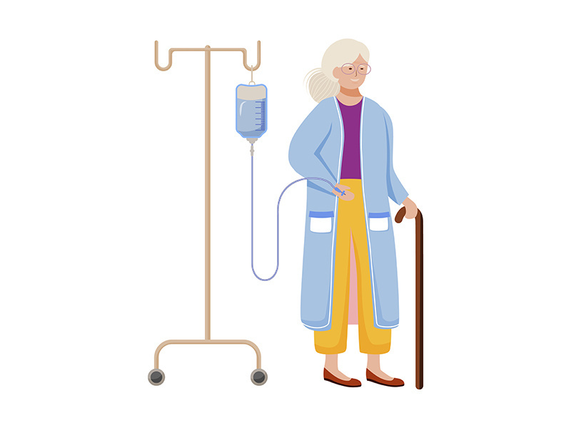 Old lady with medical infusion flat vector illustration