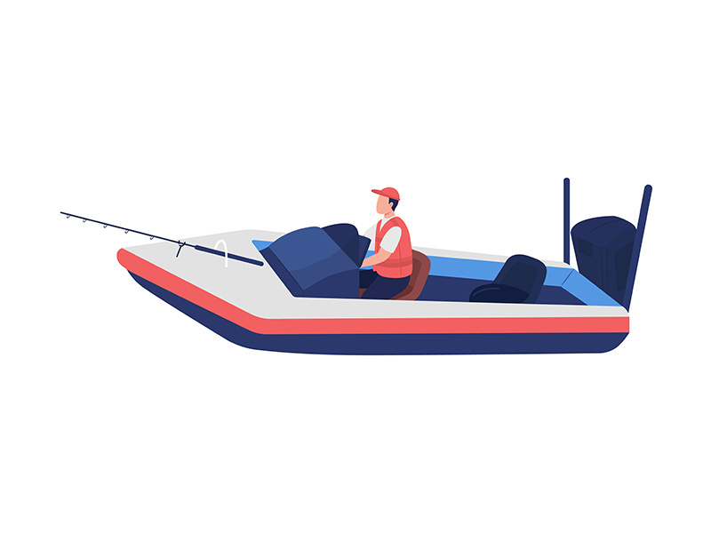 Angler catching fish on boat semi flat color vector character