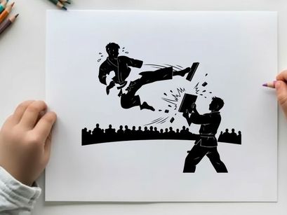 Martial arts silhouette of a man breaking a board