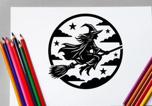Witch Flying on Broomstick in Night Sky with Stars and Clouds