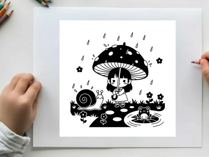 Little girl with silhouette under a spotted mushroom umbrella on a rainy day