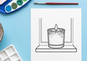 Line art illustration of a lit candle in a glass jar