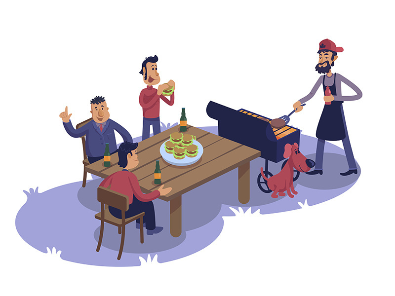 Male friends at barbecue flat cartoon vector illustration