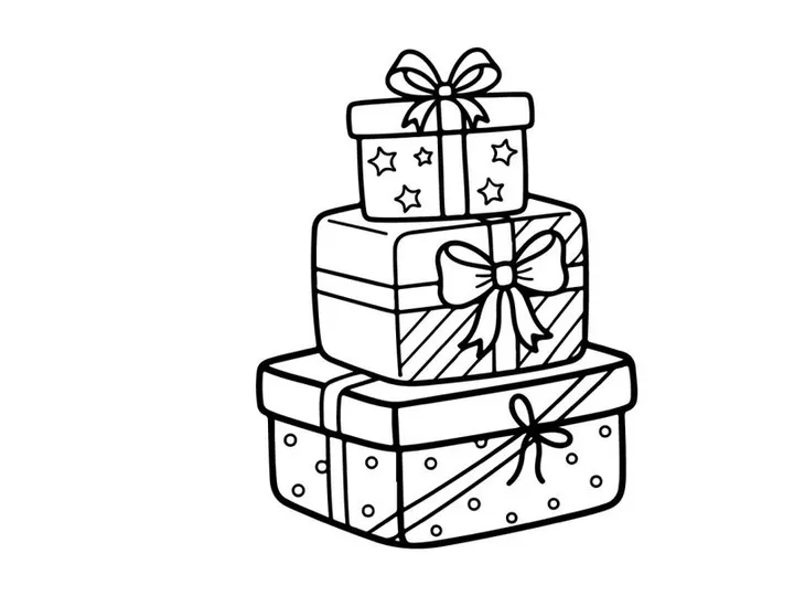 Stack of Christmas gift boxes with ribbons and bows in a black and white line art style