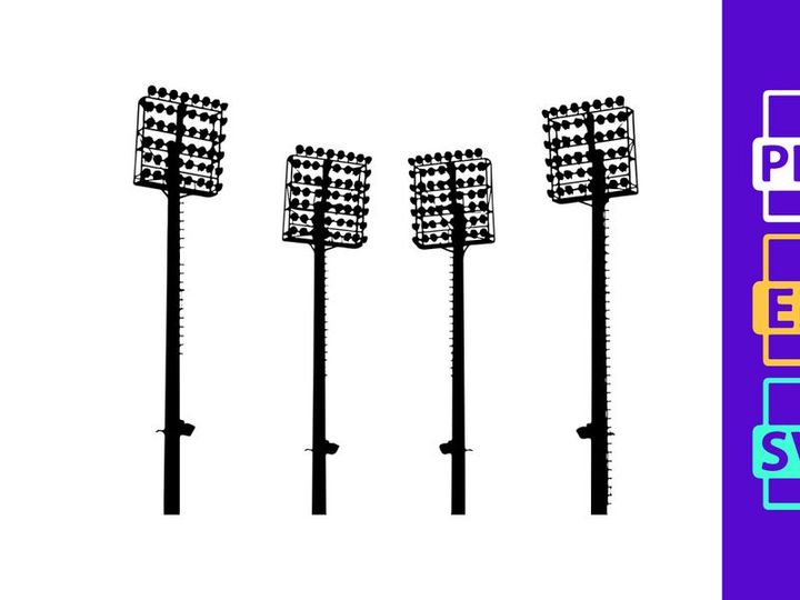 Four identical stadium lights on poles against a white background