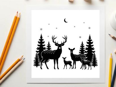 Deer family silhouette under starry night sky with trees