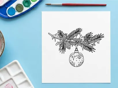 Weihnachtskugel an einem Tannenzweig, festliche Linienkunst-Illustration für die Feiertage.