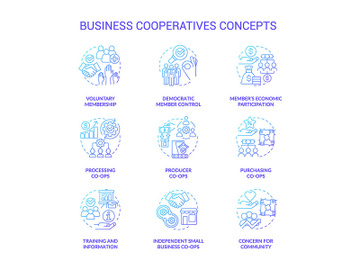 Business cooperatives blue gradient concept icons set preview picture