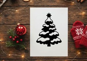 Ikon pohon Natal hitam putih dengan hiasan puncak bintang di latar belakang putih