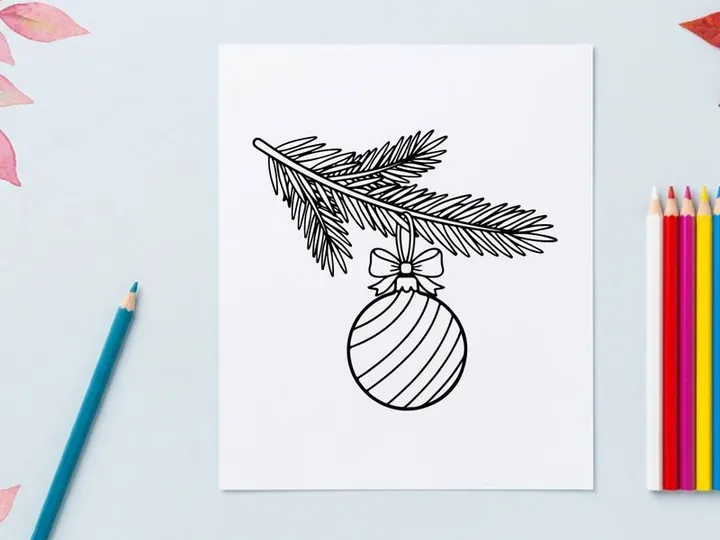 Christmas bauble hanging on a fir tree branch line art illustration